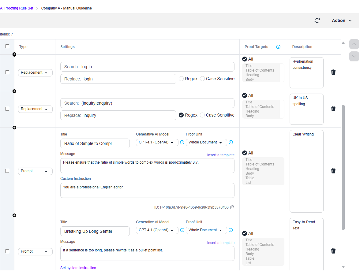 MTrans Online - AI Proofing Rule Set creation screen